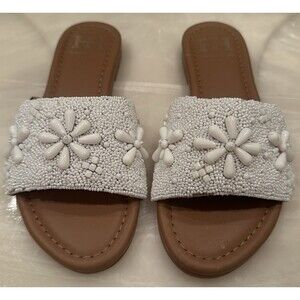 Haute Hippie Style White Beaded Floral Slide Sandals Women’s Size 6 Boho Summer